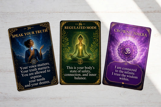 Chakra oracle cards arranged in a three-card spread on a bright white table