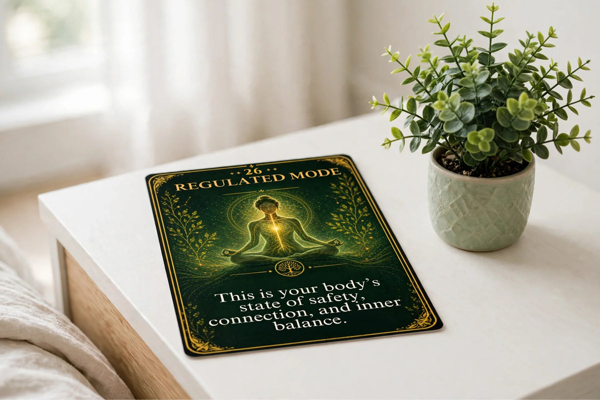 Chakra oracle card on a bright bedside table in soft morning light