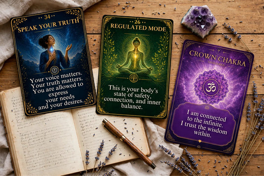 Chakra oracle cards arranged in a learning spread with guidebook and journal