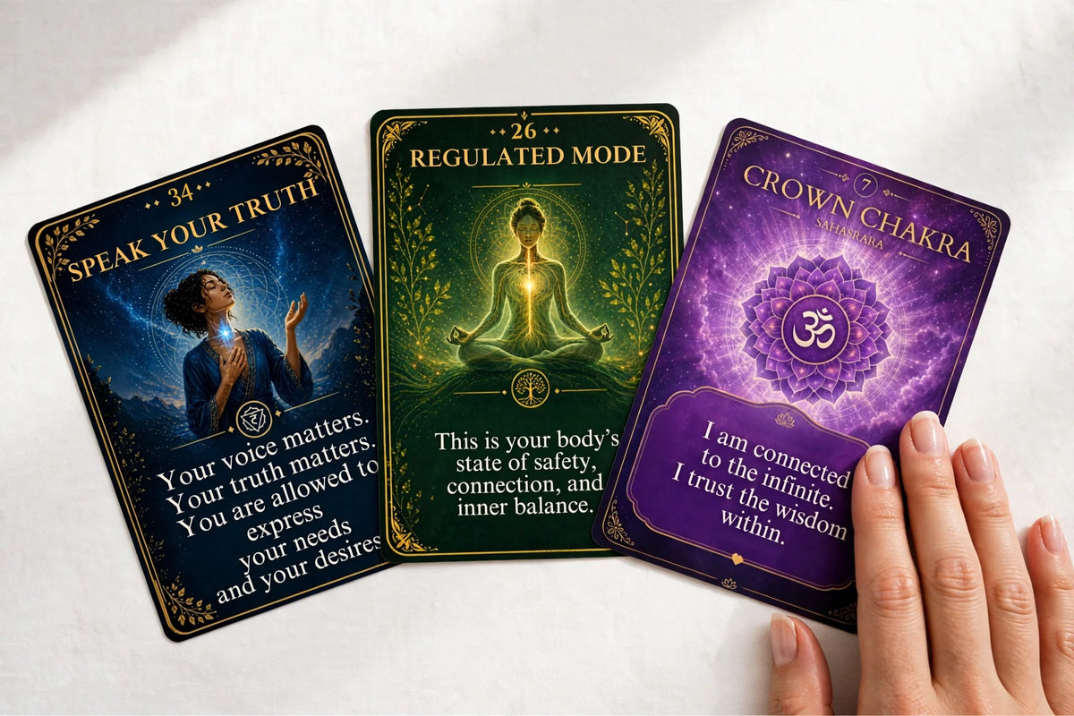 Three Energy Fi3lds chakra oracle cards fanned out on a white table