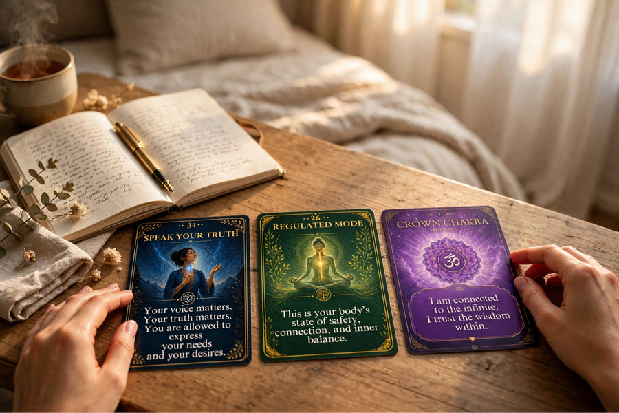 Woman's hands laying out Energy Fi3lds chakra oracle cards for a morning ritual