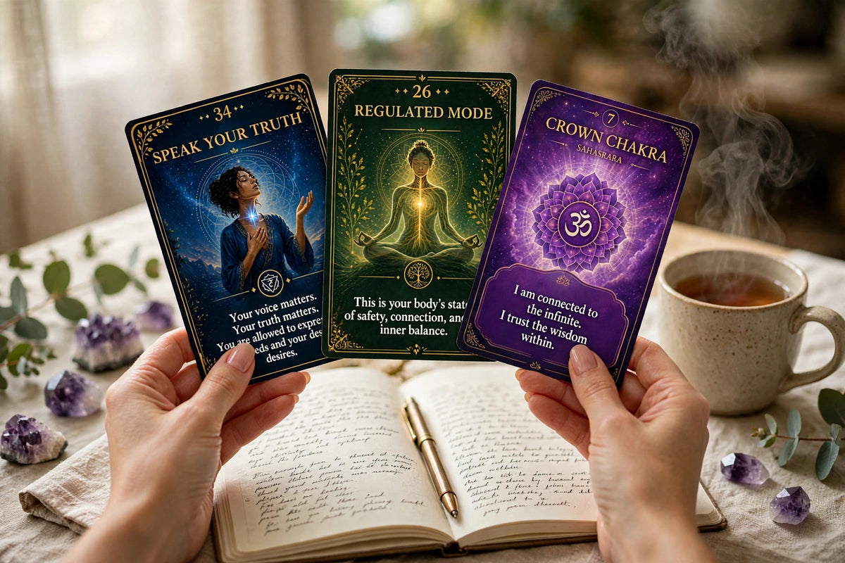 Woman's hands holding three Energy Fi3lds chakra oracle cards during a morning ritual